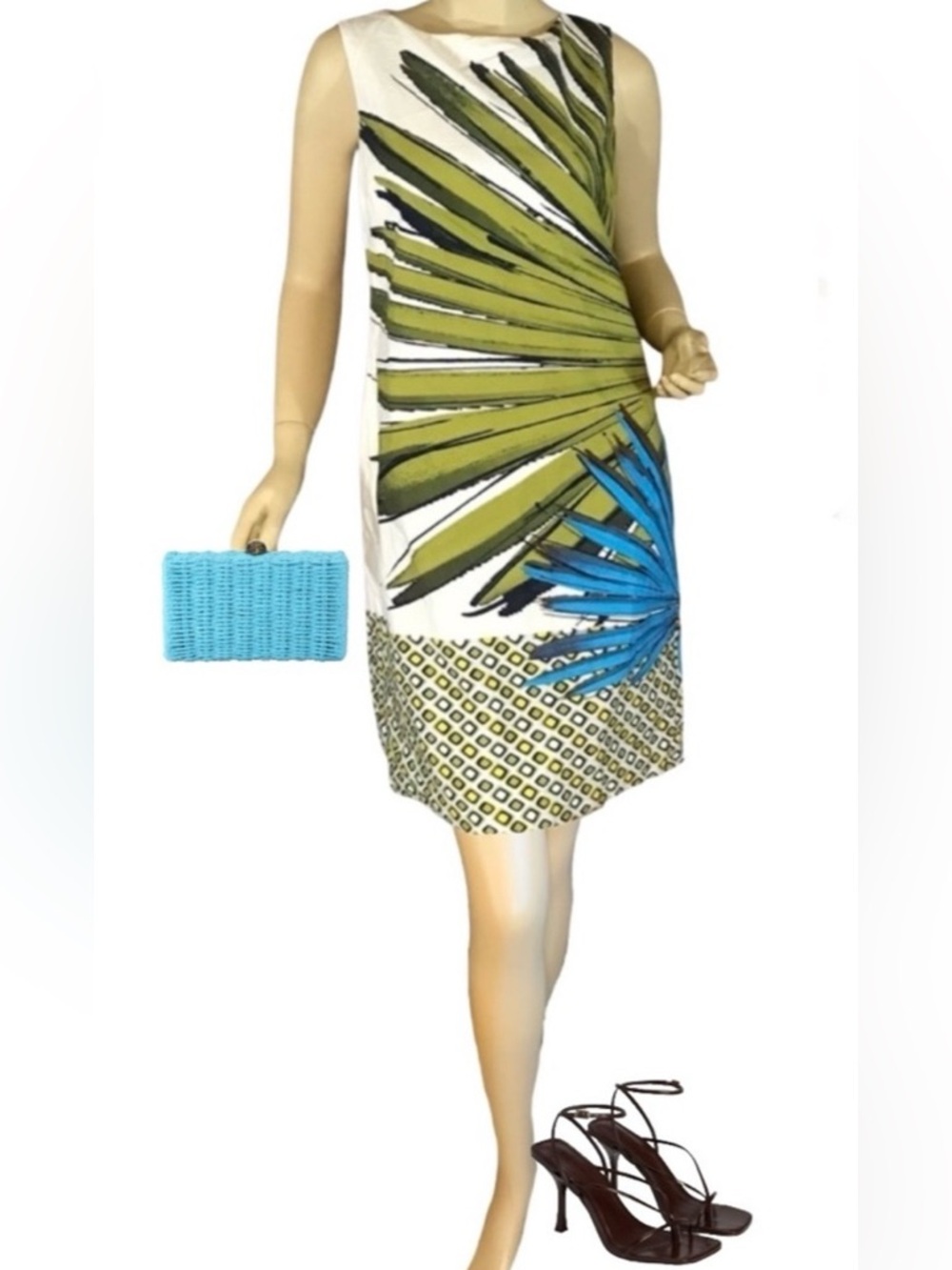 PIAZZA SEMPIONE GREEN & BLUE "FINE FEATHERS" ITALIAN COTTON SHIFT DRESS (M)